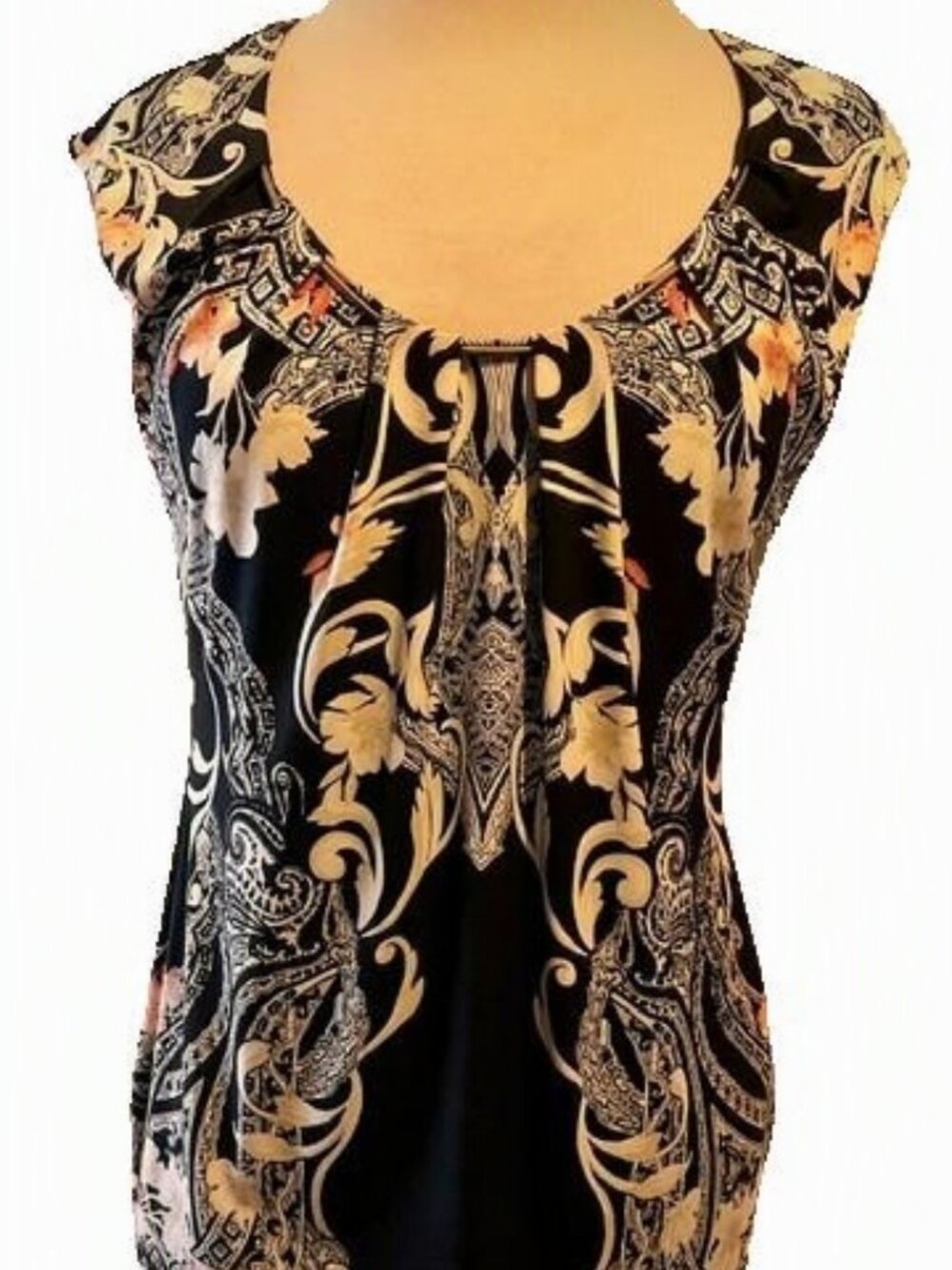 Black Ornate Floral Scroll Print Cap Sleeve Top